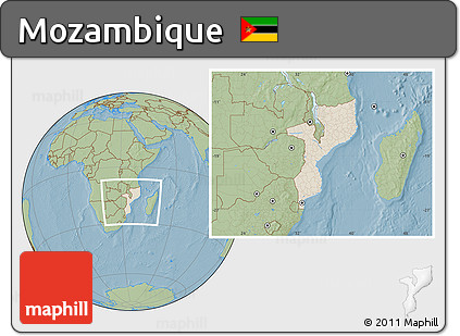 Shaded Relief Location Map of Mozambique, savanna style outside, hill shading