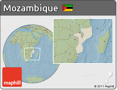 Shaded Relief Location Map of Mozambique, savanna style outside, hill shading