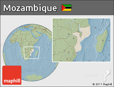Shaded Relief Location Map of Mozambique, savanna style outside, hill shading
