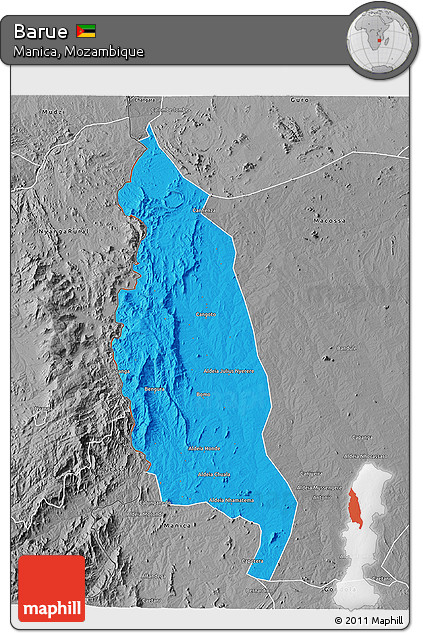 Political 3D Map of Barue, desaturated