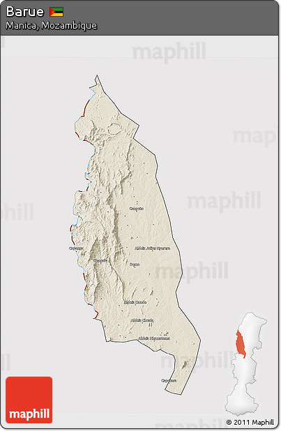Shaded Relief 3D Map of Barue, cropped outside