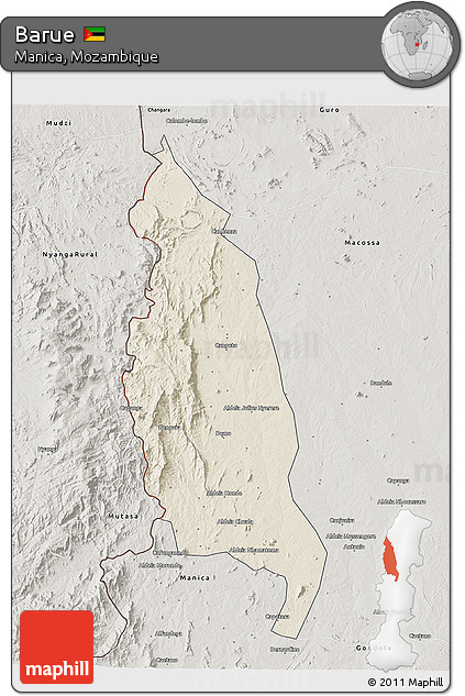Shaded Relief 3D Map of Barue, semi-desaturated