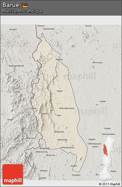 Shaded Relief 3D Map of Barue, semi-desaturated