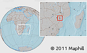 Gray Location Map of Barue, within the entire country, hill shading