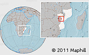 Gray Location Map of Barue, highlighted country, within the entire country, hill shading