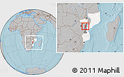 Gray Location Map of Barue, highlighted country, highlighted parent region, within the entire country, hill shading