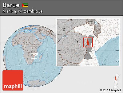 Gray Location Map of Barue, highlighted country, highlighted parent region, hill shading