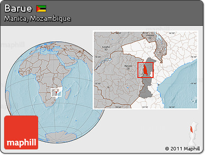 Gray Location Map of Barue, highlighted country, highlighted parent region, hill shading