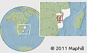 Savanna Style Location Map of Barue, highlighted country, highlighted parent region, within the entire country, hill shading