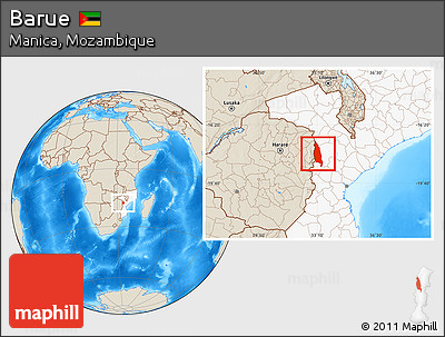 Shaded Relief Location Map of Barue, highlighted country