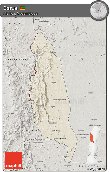 Shaded Relief Map of Barue, semi-desaturated
