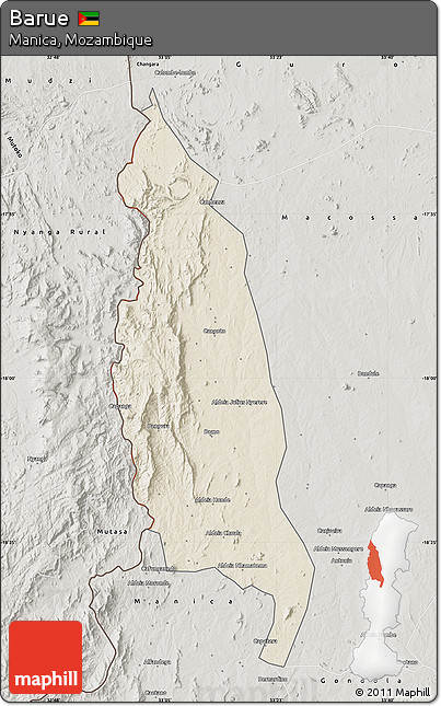 Shaded Relief Map of Barue, semi-desaturated