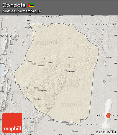 Shaded Relief Map of Gondola, semi-desaturated