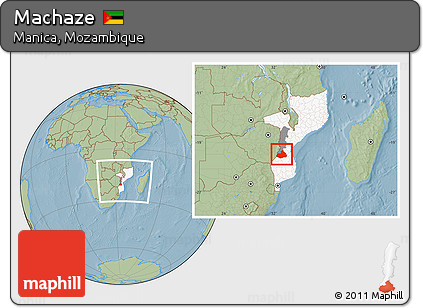 Savanna Style Location Map of Machaze, highlighted country, highlighted parent region, within the entire country, hill shading