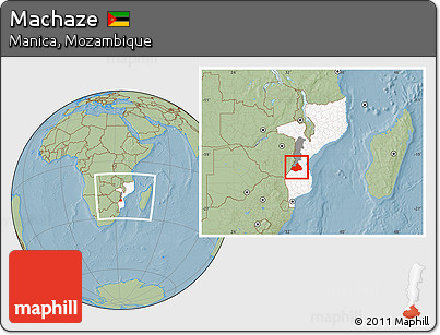 Savanna Style Location Map of Machaze, highlighted country, highlighted parent region, within the entire country, hill shading