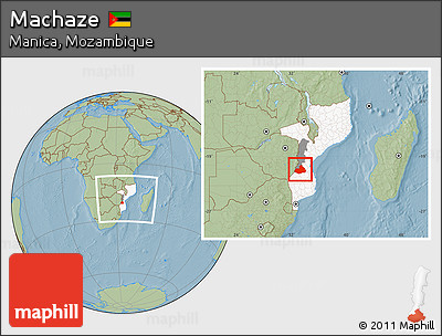Savanna Style Location Map of Machaze, highlighted country, highlighted parent region, within the entire country, hill shading
