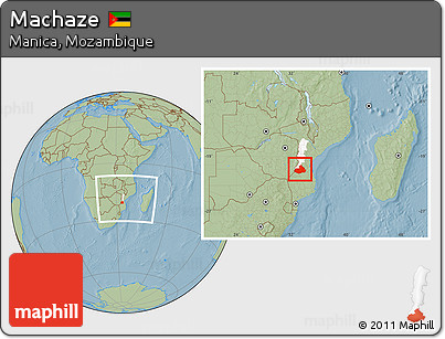 Savanna Style Location Map of Machaze, highlighted parent region, within the entire country, hill shading