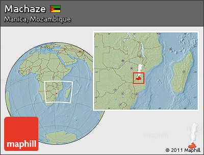 Savanna Style Location Map of Machaze, highlighted parent region, within the entire country, hill shading