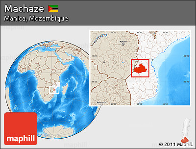 Shaded Relief Location Map of Machaze, highlighted country
