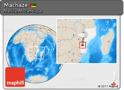 Shaded Relief Location Map of Machaze, highlighted country, highlighted parent region, within the entire country