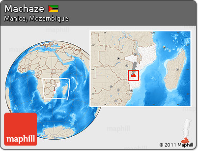 Shaded Relief Location Map of Machaze, highlighted country, highlighted parent region, within the entire country
