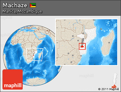 Shaded Relief Location Map of Machaze, highlighted country, highlighted parent region, within the entire country