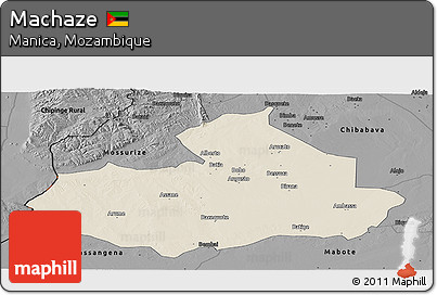 Shaded Relief Panoramic Map of Machaze, darken, desaturated