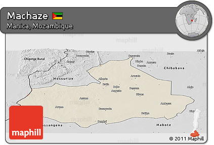 Shaded Relief Panoramic Map of Machaze, desaturated