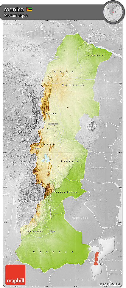 Physical Map of Manica, lighten, desaturated