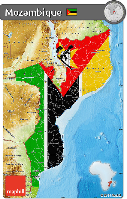 Flag Map of Mozambique, physical outside, bathymetry sea, flag aligned to the middle