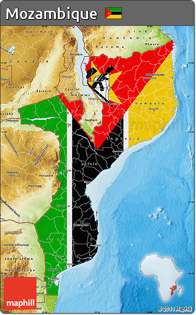 Flag Map of Mozambique, physical outside, bathymetry sea, flag aligned to the middle