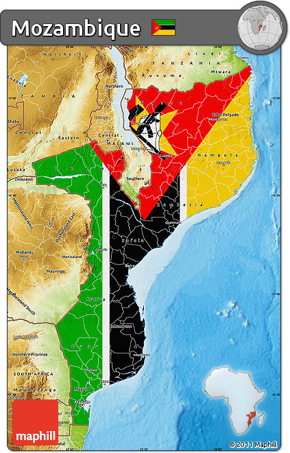 Flag Map of Mozambique, physical outside, bathymetry sea, flag rotated