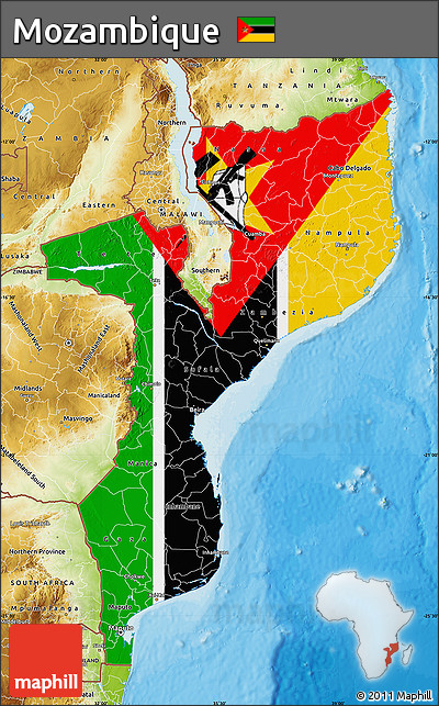 Flag Map of Mozambique, physical outside, bathymetry sea, flag rotated