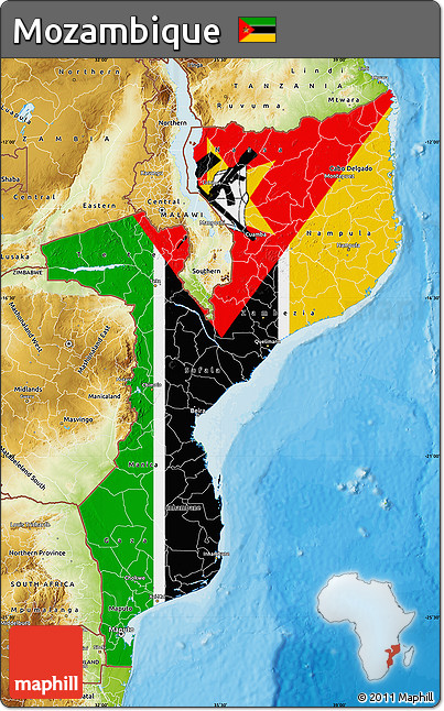 Flag Map of Mozambique, physical outside, bathymetry sea, flag rotated