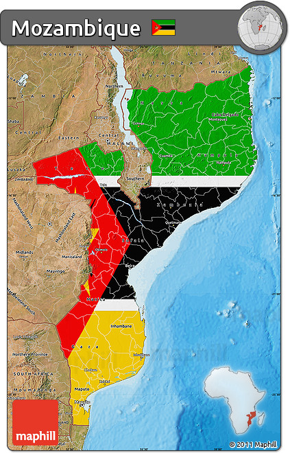 Flag Map of Mozambique, satellite outside, bathymetry sea