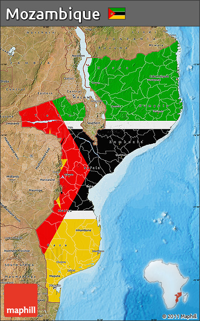 Flag Map of Mozambique, satellite outside, bathymetry sea