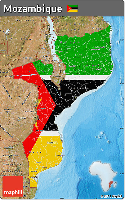 Flag Map of Mozambique, satellite outside, bathymetry sea