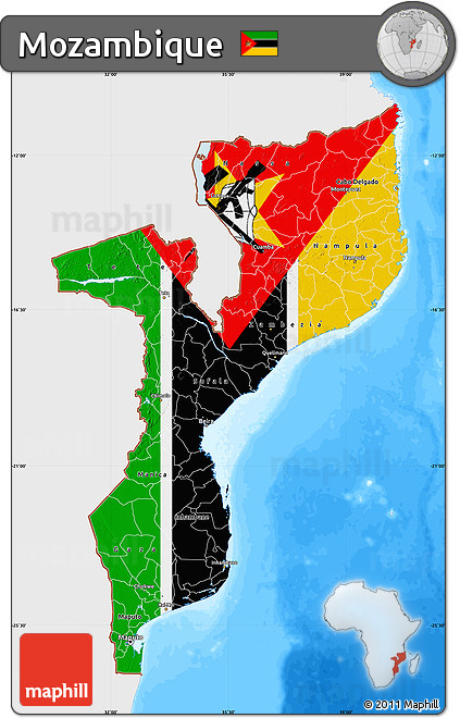 Flag Map of Mozambique, single color outside, bathymetry sea, flag aligned to the middle