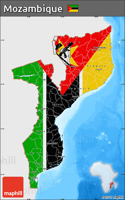 Flag Map of Mozambique, single color outside, bathymetry sea, flag aligned to the middle