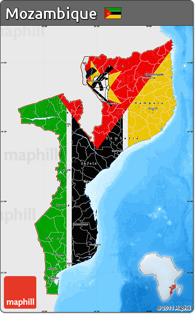 Flag Map of Mozambique, single color outside, bathymetry sea, flag aligned to the middle