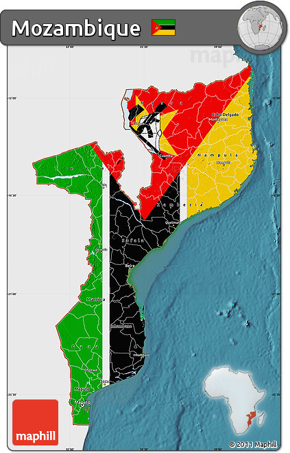 Flag Map of Mozambique, single color outside, satellite sea, flag rotated