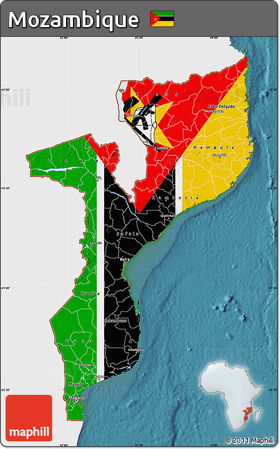 Flag Map of Mozambique, single color outside, satellite sea, flag rotated