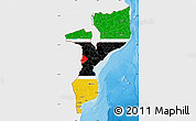 Flag Map of Mozambique, single color outside, shaded relief sea, flag centered