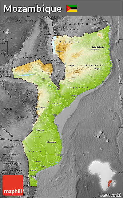 Physical Map of Mozambique, darken, desaturated
