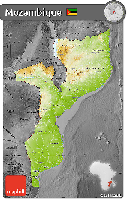 Physical Map of Mozambique, darken, desaturated