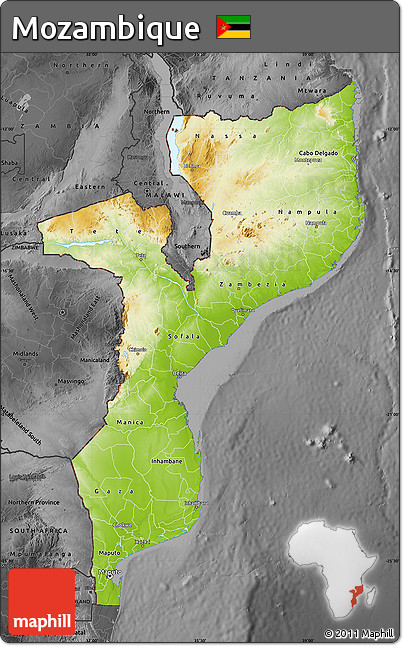 Physical Map of Mozambique, darken, desaturated