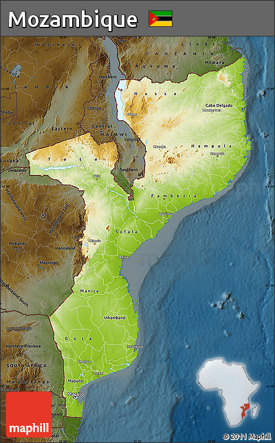 Physical Map of Mozambique, darken