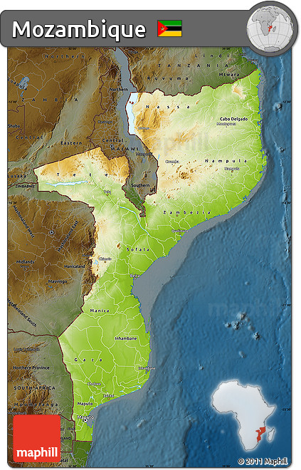 Physical Map of Mozambique, darken