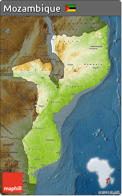 Physical Map of Mozambique, darken