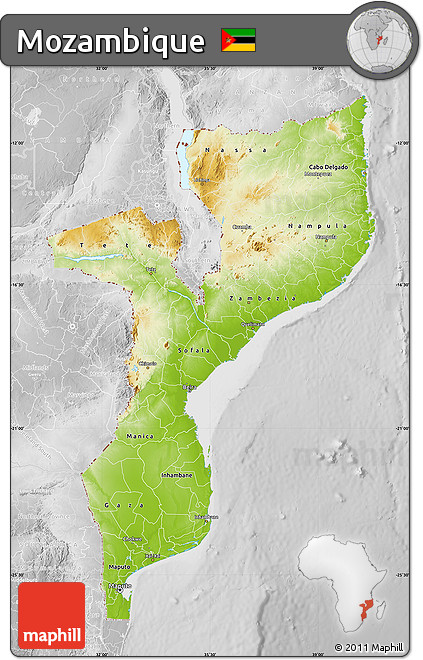 Physical Map of Mozambique, lighten, desaturated